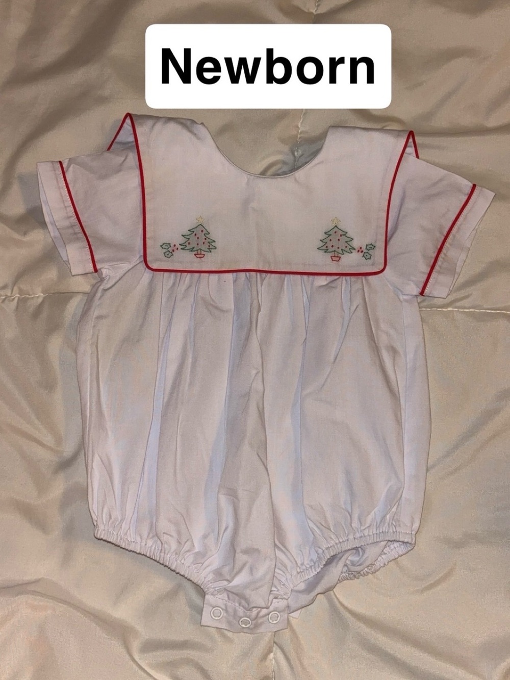 Newborn White Baby Bubble with Red Trim and Embroidered Christmas Details
